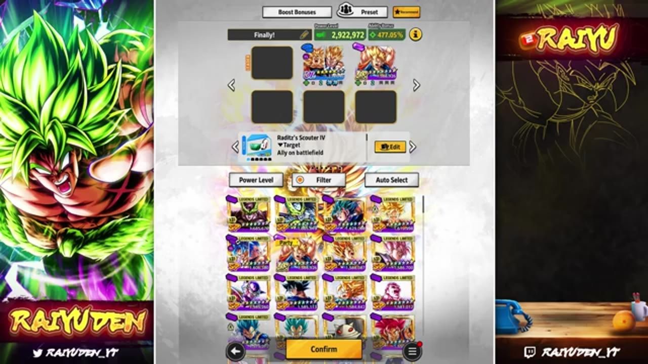 A game team selection screen shows two selected character cards at the top and a roster of available characters below with a Confirm button at the bottom.
