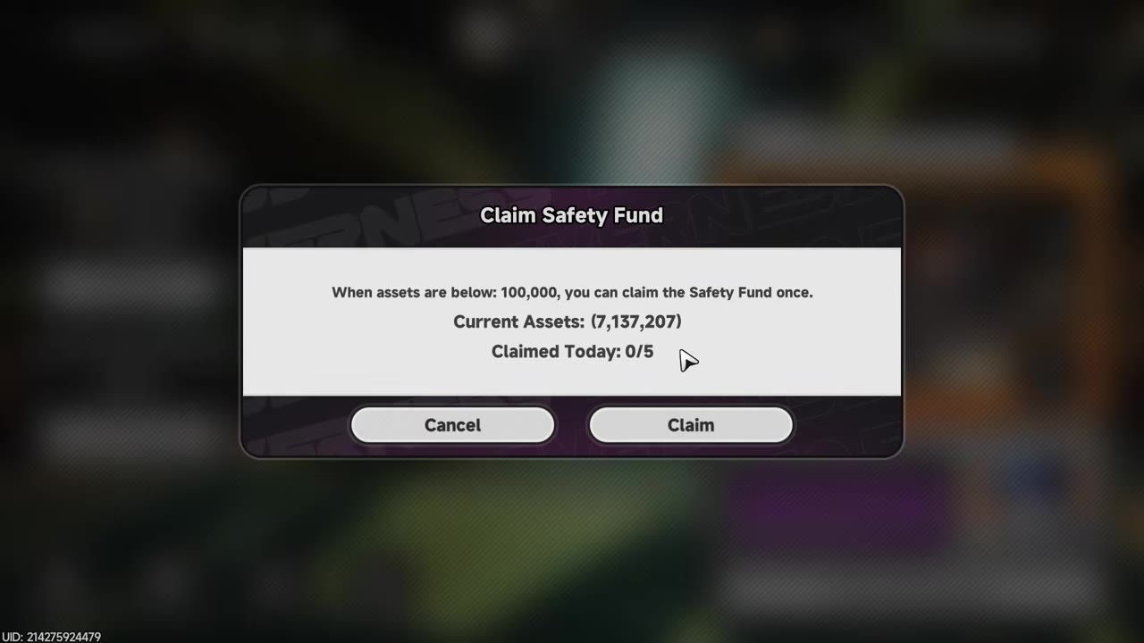 A game dialog titled Claim Safety Fund shows current assets, a claimed today counter, and Cancel and Claim buttons.