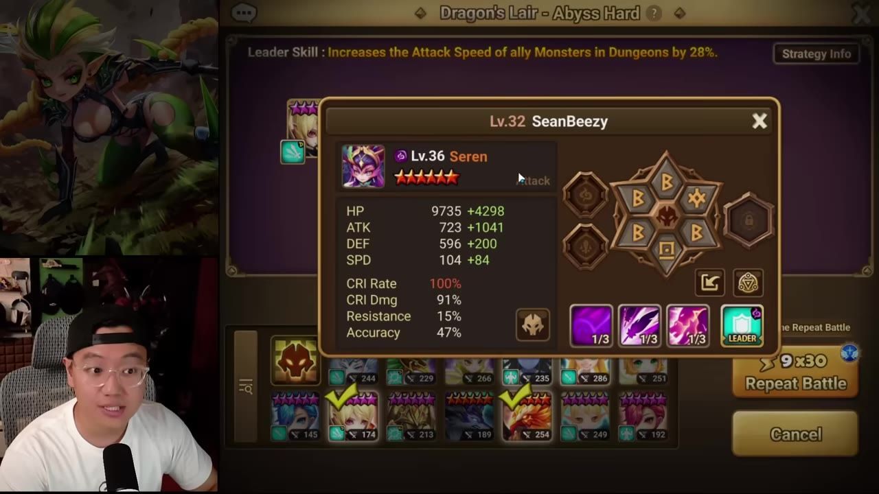 A game screen for Dragons Lair - Abyss Hard is open with a monster stats popup over the team lineup and a streamer webcam in the lower left.