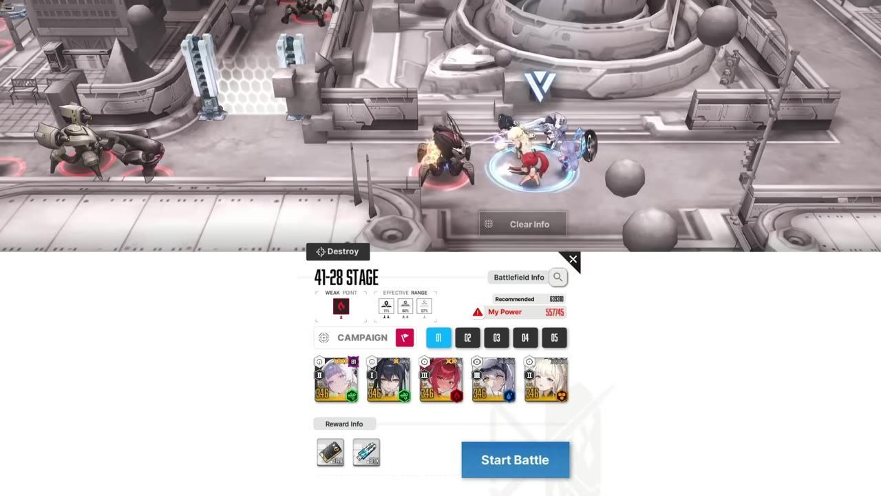 A game stage preparation screen is open with a stage panel showing weak point and battlefield info, character slots, rewards, and a Start Battle button.