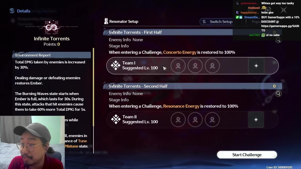 The game shows the Infinite Torrents challenge details and resonator setup screen with Team I and Team II slots before starting.