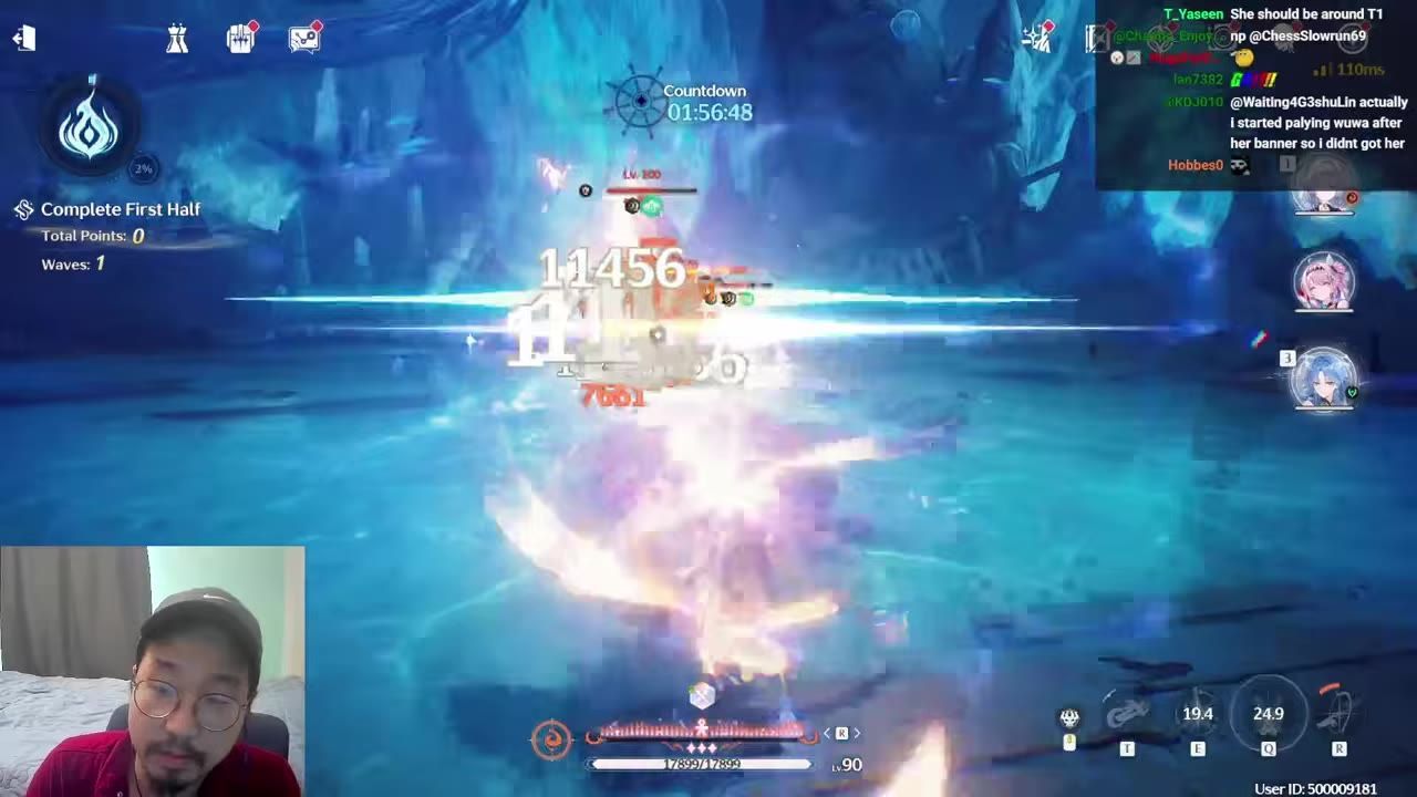 A combat scene in an icy blue arena shows the mission UI, countdown timer, wave count, character portraits, and damage numbers on screen.