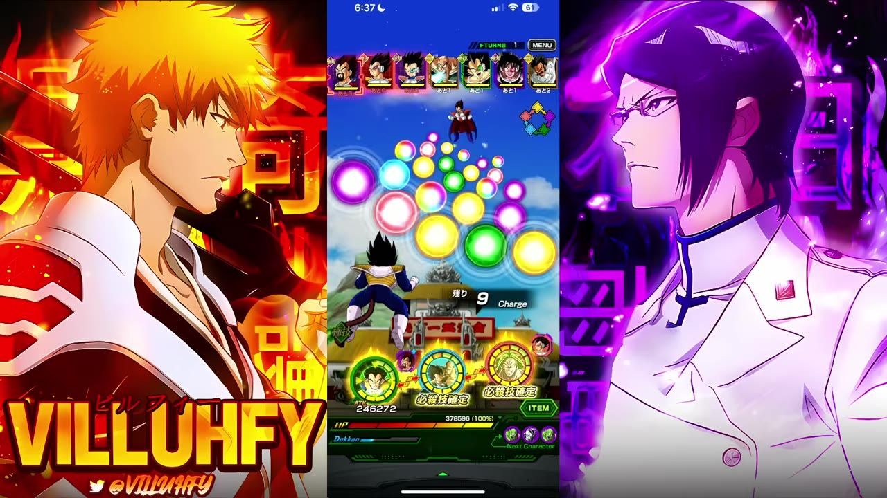 A mobile battle screen shows clustered ki orbs in the center, character portraits at the top, and item and attack controls along the bottom.